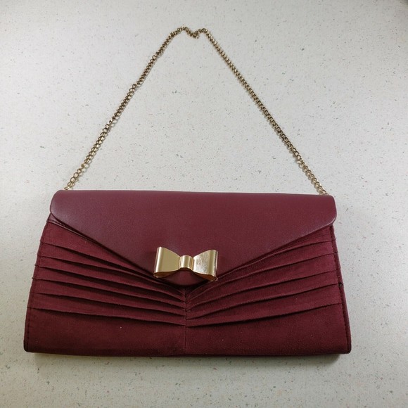 Atmosphere Red Burgundy Suede with Gold Tone Bow & Chain Strap Purse Clutch - Picture 2 of 7